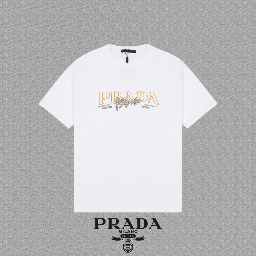P85✨🔥 [PRADA] Camiseta de manga corta 2026FW, tecnología de bordado, tejido de 300 g de doble hilo 26s de alta gama, t…