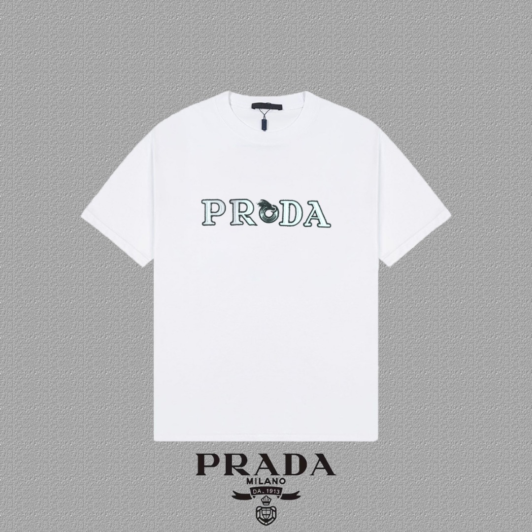 P85✨🔥 [PRADA] Camiseta de manga corta 2026FW, tecnología de bordado, tejido de 300 g de doble hilo 26s de alta gama, t…