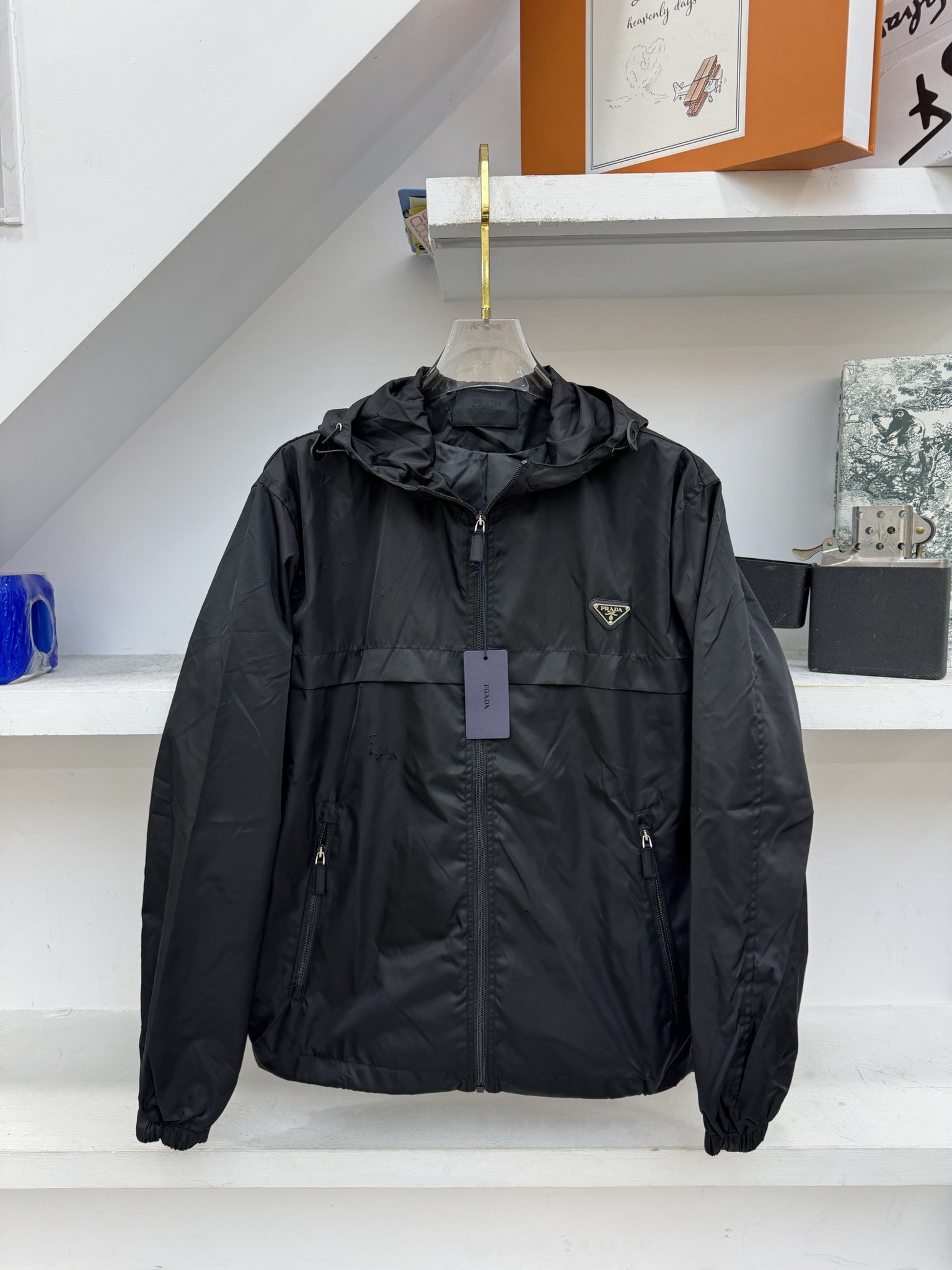 Prada Clothing Coats & Jackets Black Fabric Nylon Plastic Re-Nylon Hooded Top