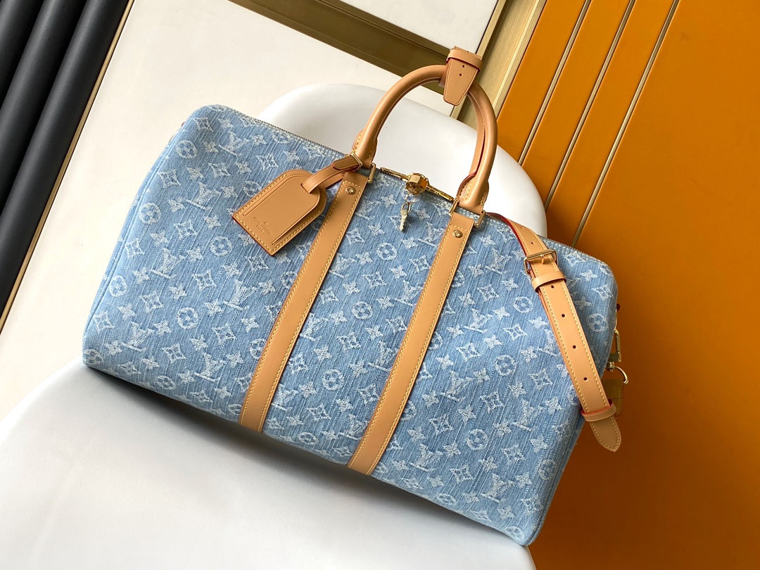 AAA+
 Louis Vuitton LV Keepall Travel Bags Cotton Cowhide Denim Summer Collection M25334