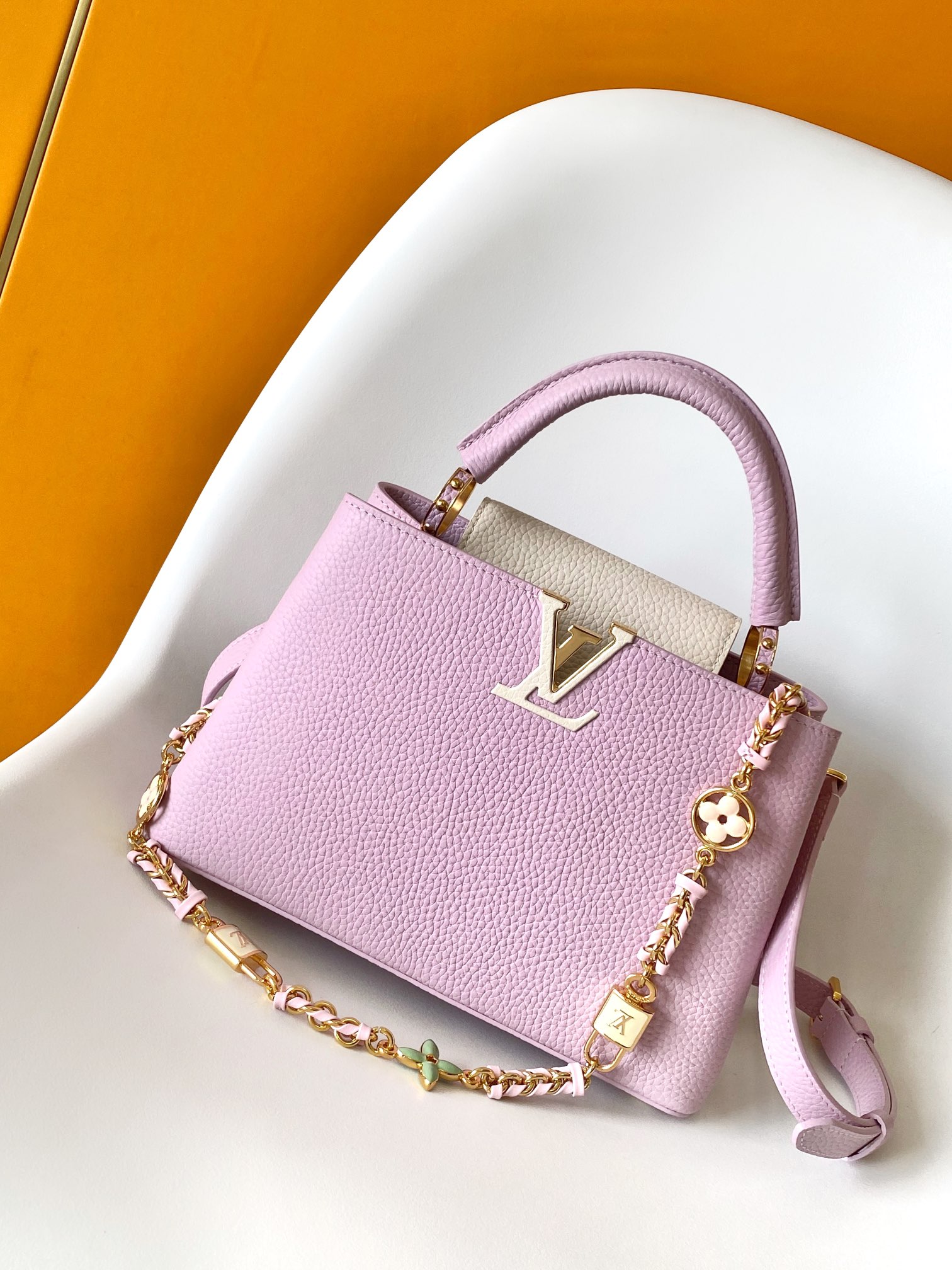 Louis Vuitton Capucines Mini Bag Lovelock Chain Taurillon Leather Pink