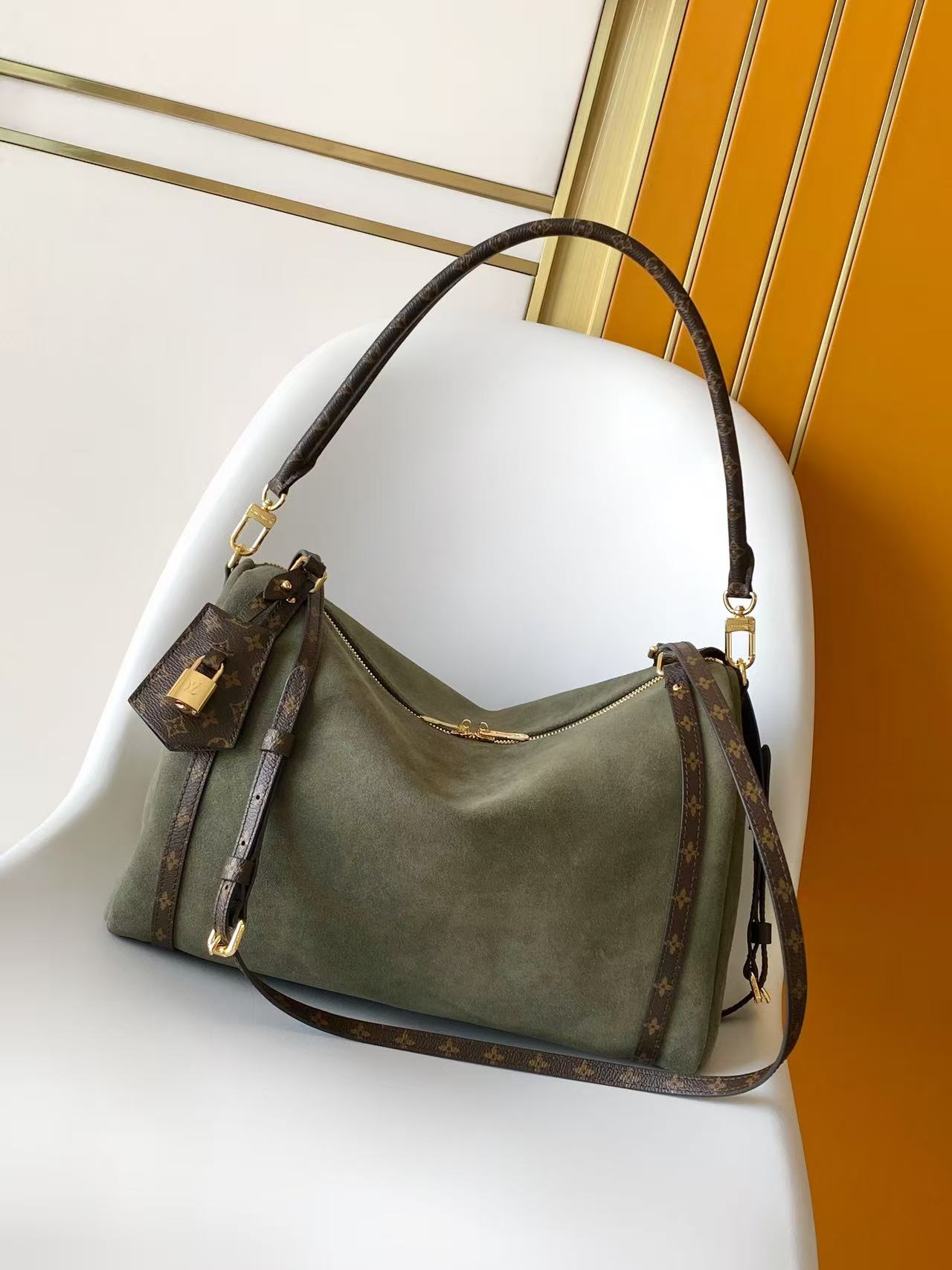 Louis Vuitton Green Monogram-Trim Hobo Bag