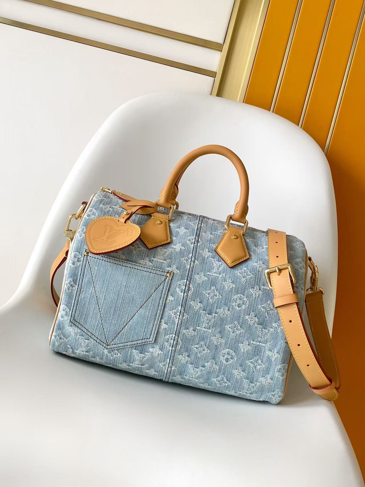 LOUIS VUITTON Blue Speedy Bandouliere Thirty