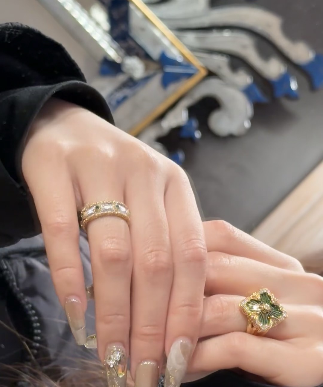 Buccellati V金材质 精工布契拉提镶钻绿珐琅戒指 678码