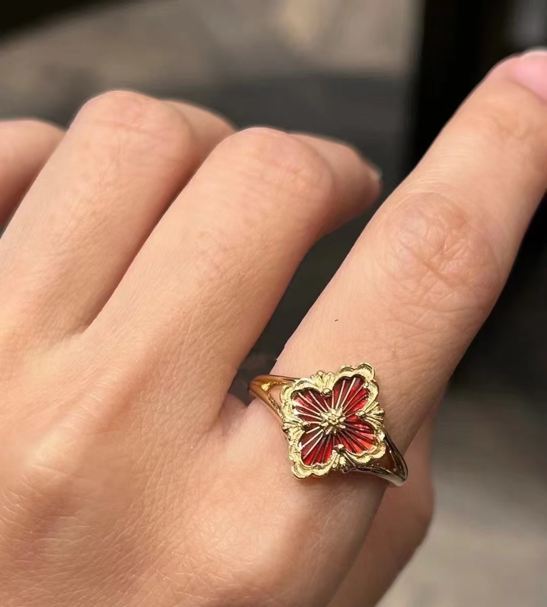 Buccellati V金材质 精工布契拉提红珐琅小号戒指 678码