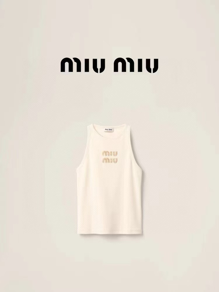 Miu Miu Beige Tank Top with Crystal Logo - Women's Sleeveless Shirt 2 i1744444130836 569 0 0