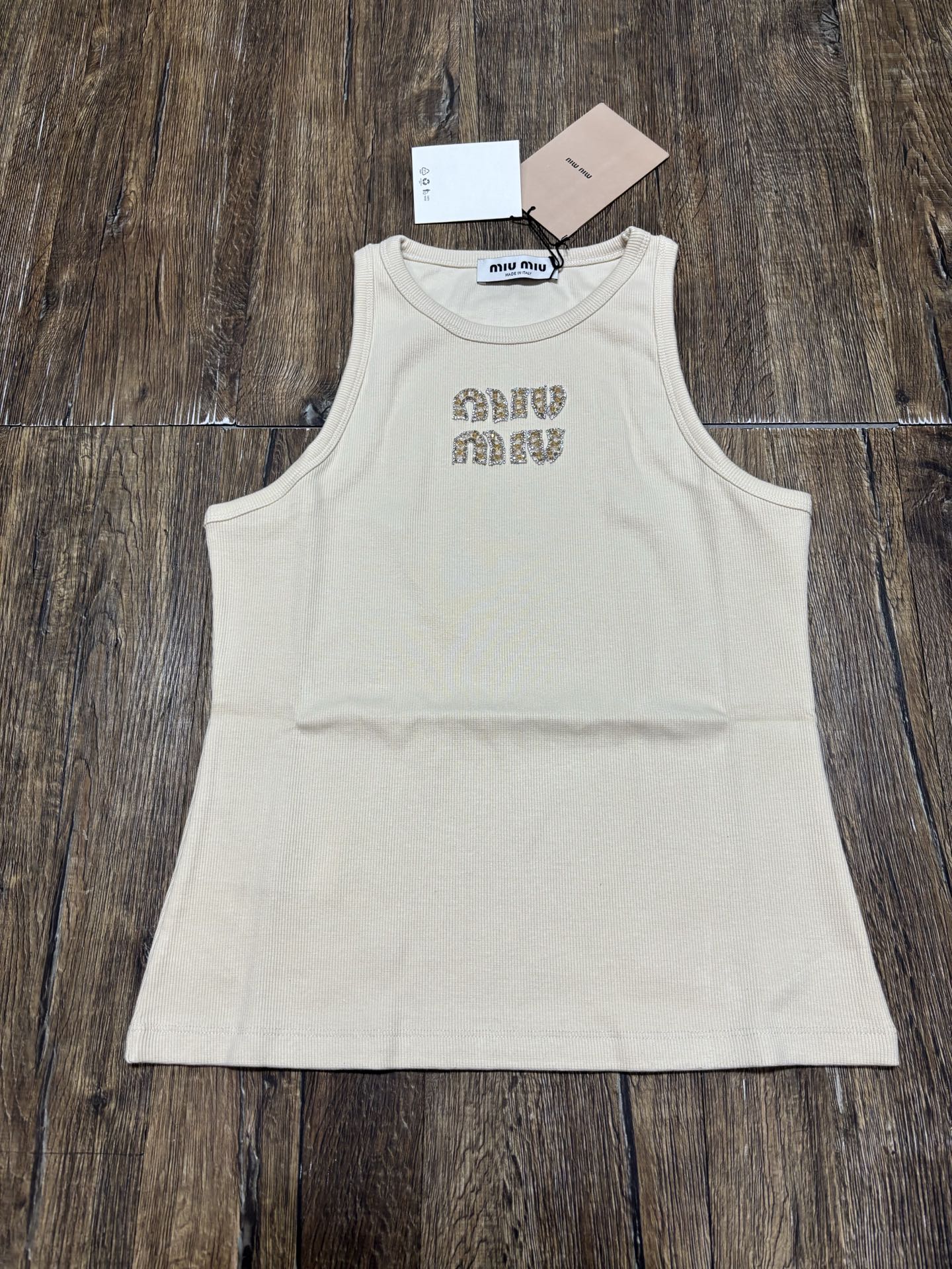 Miu Miu Beige Tank Top with Crystal Logo - Women's Sleeveless Shirt 3 i1744444131801 842 0 1