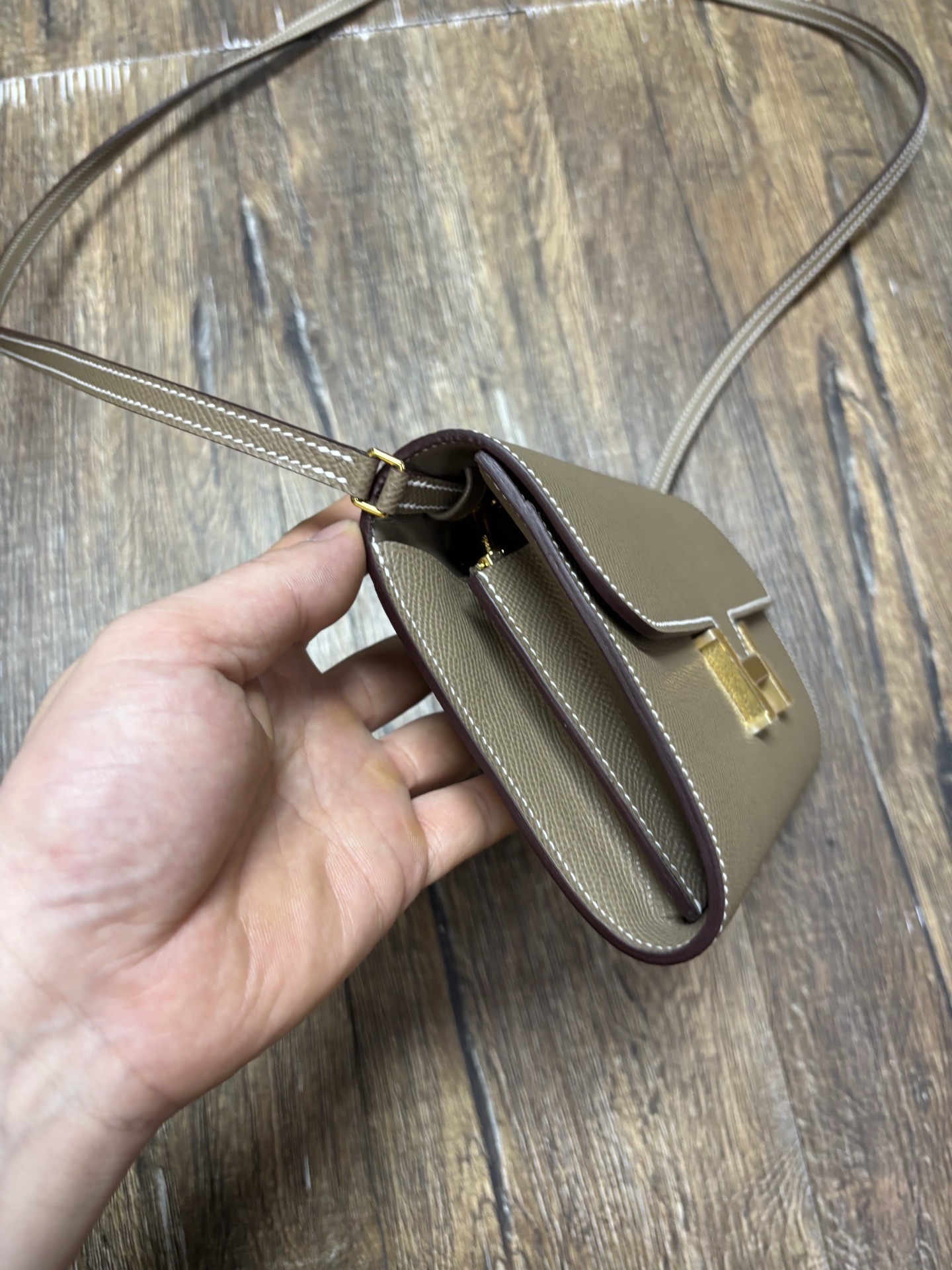 Hermes Constance To Go Wallet in Taupe Leather with Gold Hardware, Crossbody Bag 4 i1746691651500 5082 0 2