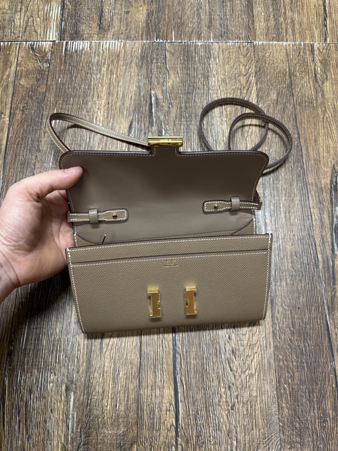 Hermes Constance To Go Wallet in Taupe Leather with Gold Hardware, Crossbody Bag 7 i1746691651548 8942 0 5