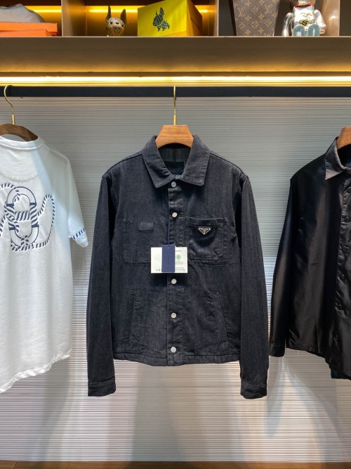 PRADA Early Autumn Black Herringbone Denim Jacket Classic Triangle Badge 1 PRADA Early Autumn Black Herringbone Denim Jacket Classic Triangle Badge