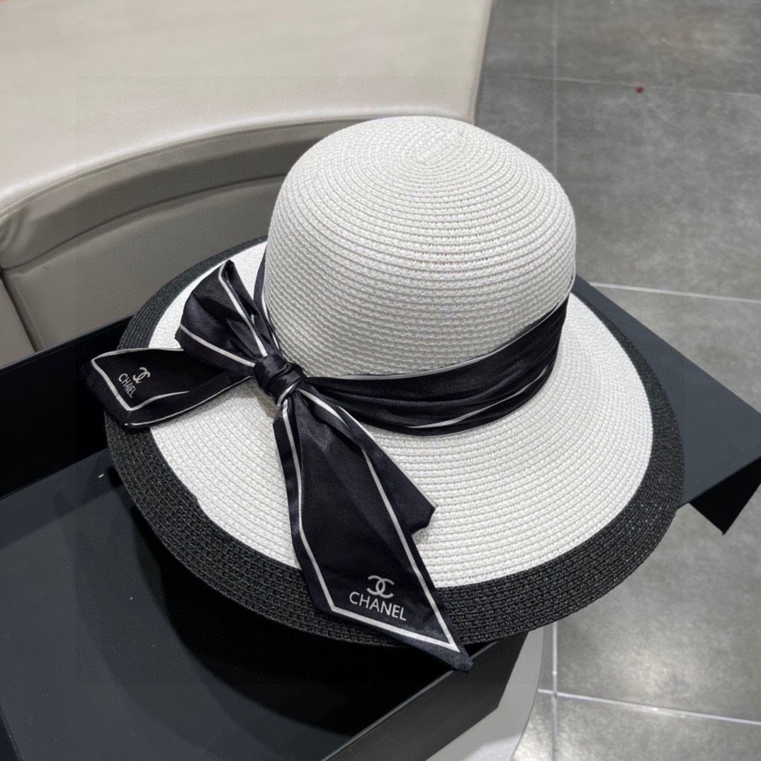 【CHANEL】Nuevo sombrero de paja de primavera 2023 con lazo, sombrero de ala ancha 🤩 estilo playero, simple y elegante, …