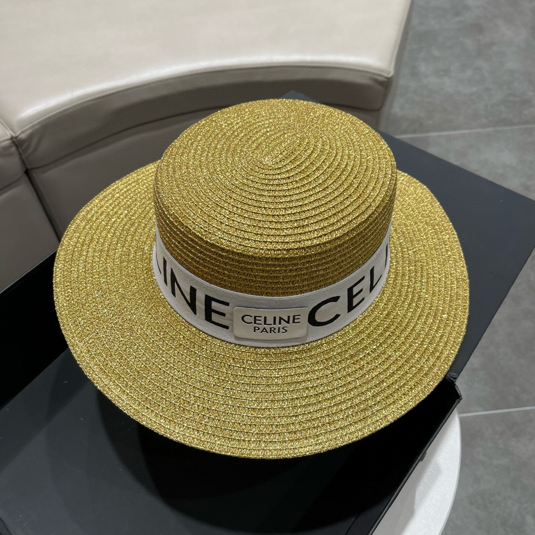 Sombrero de paja de copa plana Celine, tejido a mano, alta costura, circunferencia de cabeza 57cm. Sombreros: sombrero …