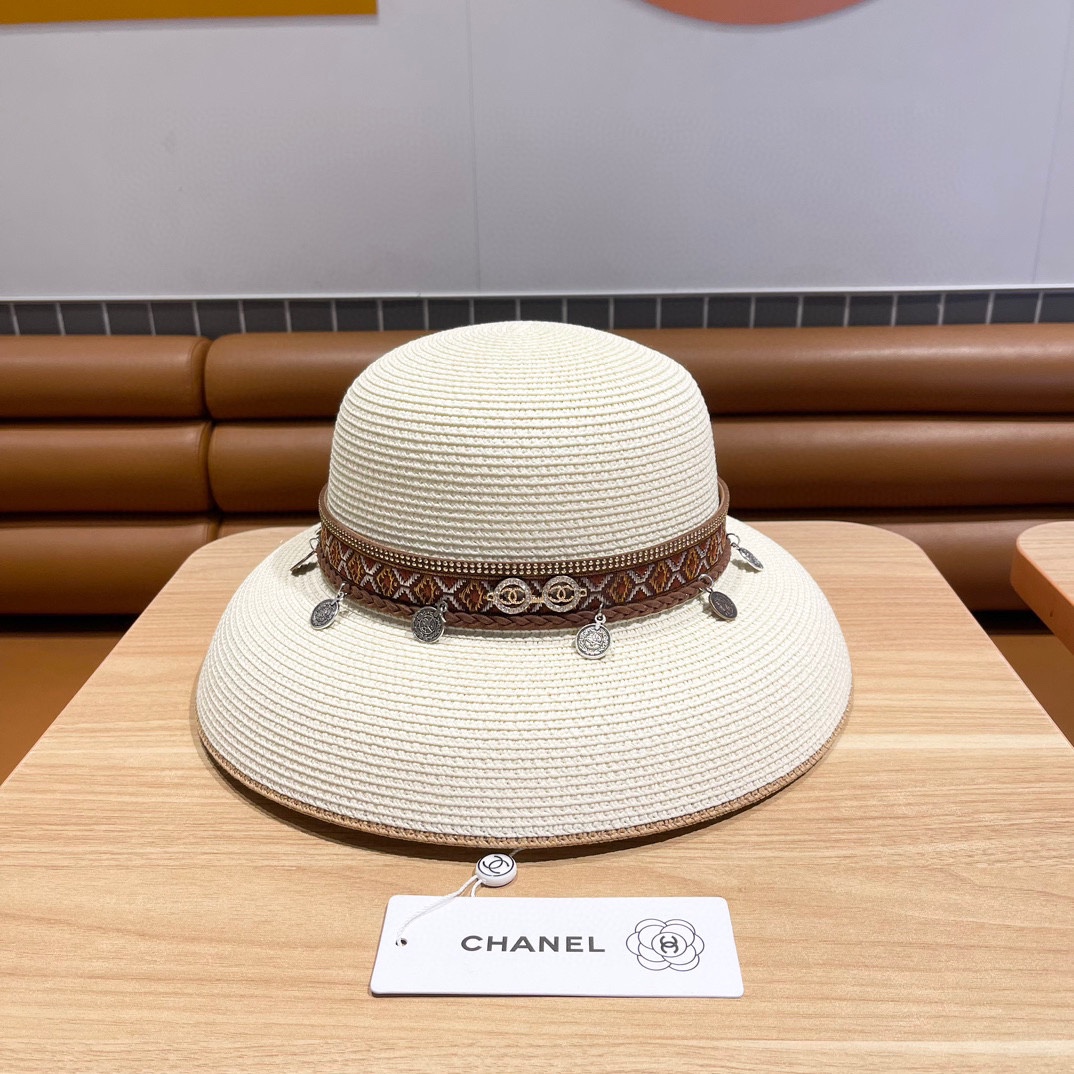 Sombrero de caballero de Chanel para mujer, estilo étnico de primavera y verano, sombrero de paja retro para playa y vi…