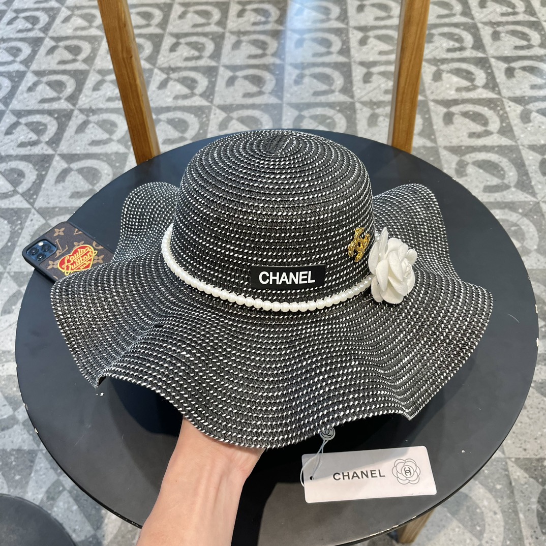 Chanel香奈儿2024的新款山茶花草编遮阳草帽盆帽简约大方百搭单品出街首选
