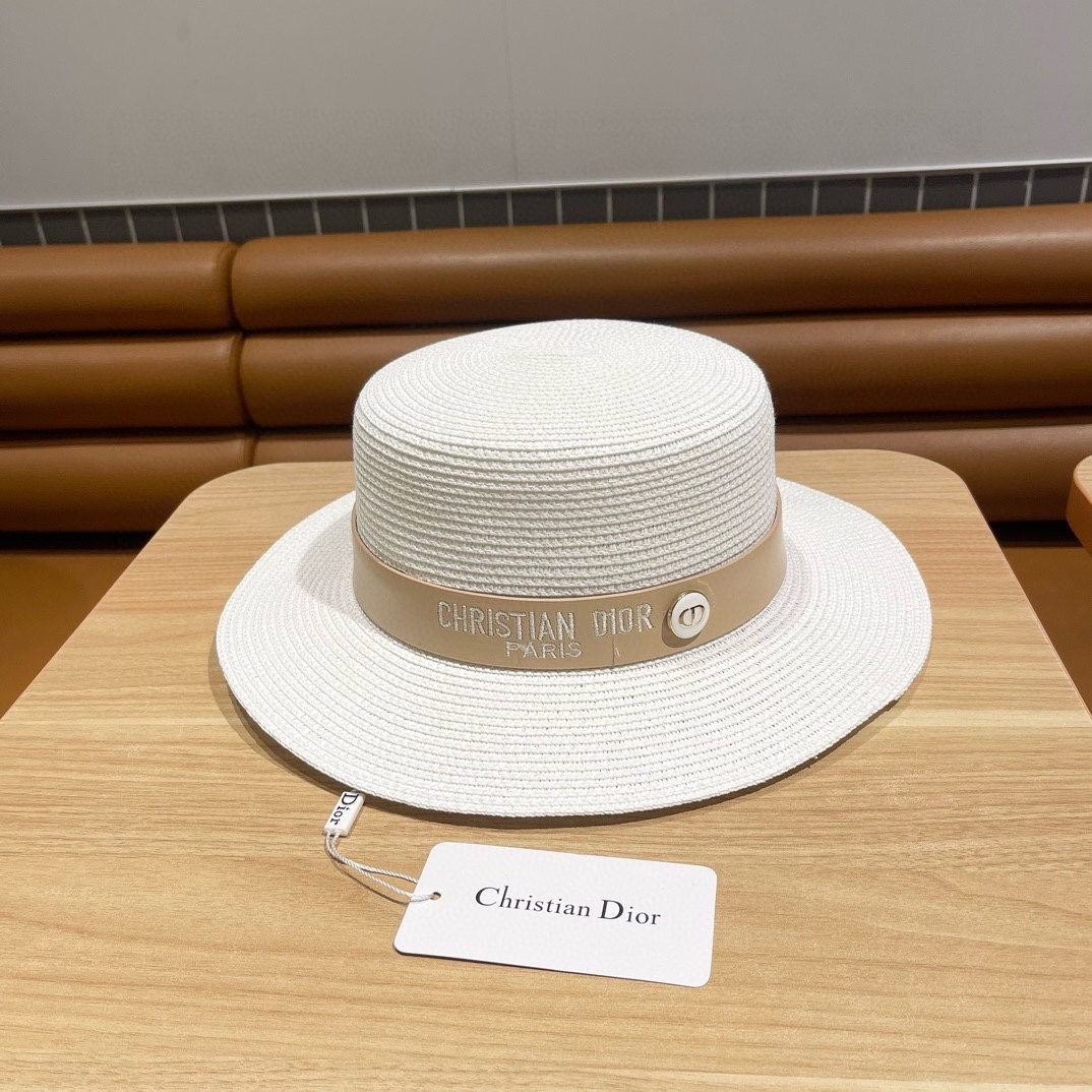 Dior Dior nuevo sombrero de paja, sombrero de copa plana, logotipo de cinturón bordado. Sombreros: sombrero de pescador…