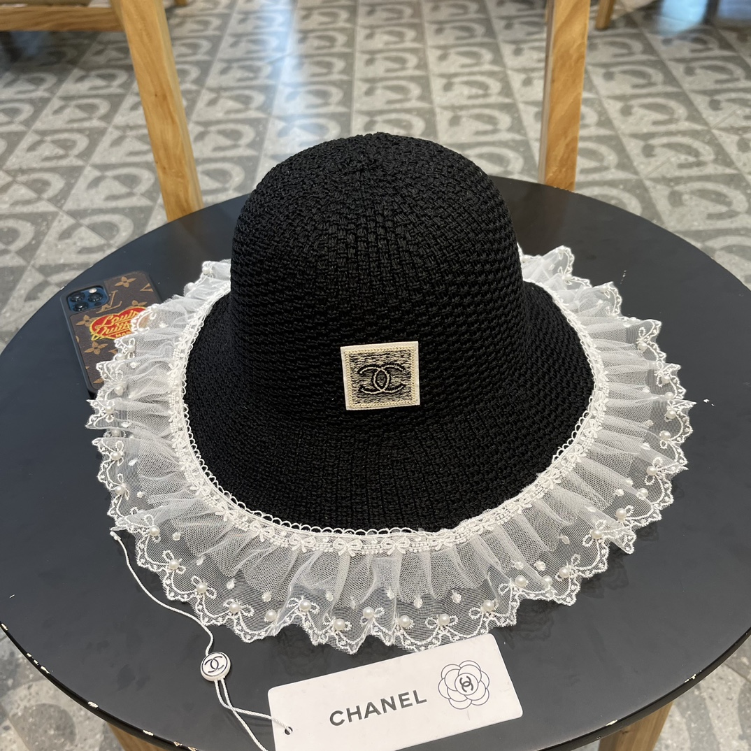 Sombrero de paja de encaje de perlas Chanel para mujer, ala ancha, verano, protección UV, vacaciones en la playa, sombr…