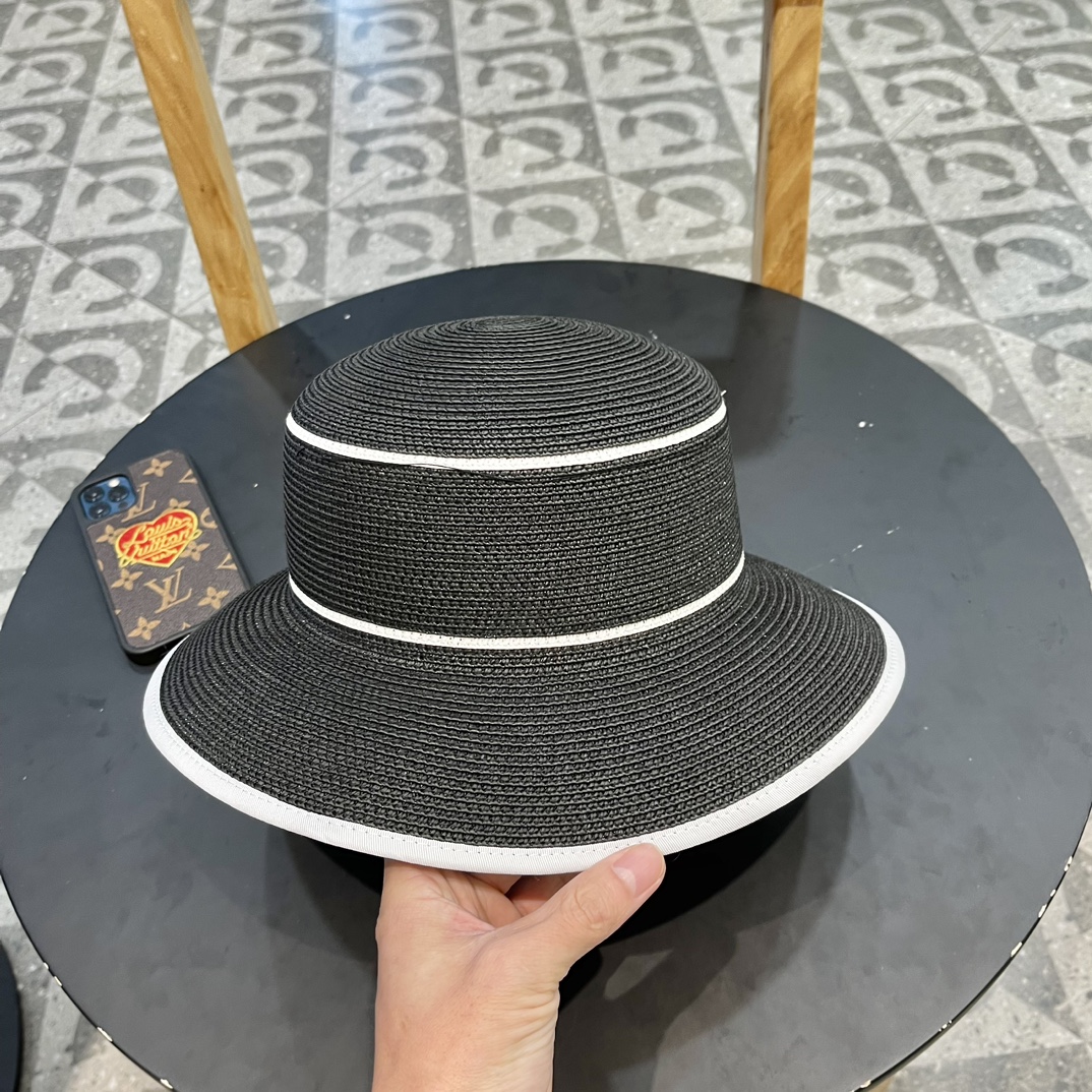 Sombrero de paja plano estilo elegante Chanel para mujer, circunferencia de cabeza 57cm, sombrero de pescador, sombrero…