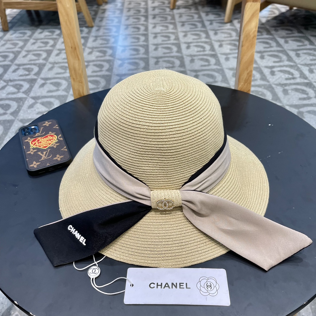 Sombrero de paja con lazo Chanel para mujer, nuevo verano, playa, ala ancha, protección solar, protección UV, sombrero …