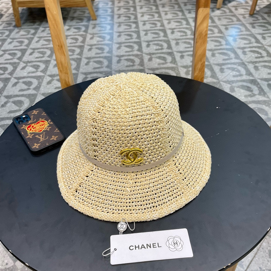 香奈儿Chanel夏季防晒草帽女2024新款镂空透气大檐遮阳帽海边度假渔夫帽盆帽
