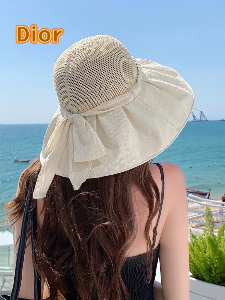 Dior迪奥大帽檐春夏新款黑胶遮阳帽优雅蝴蝶结女士防晒防紫外线户外太阳帽