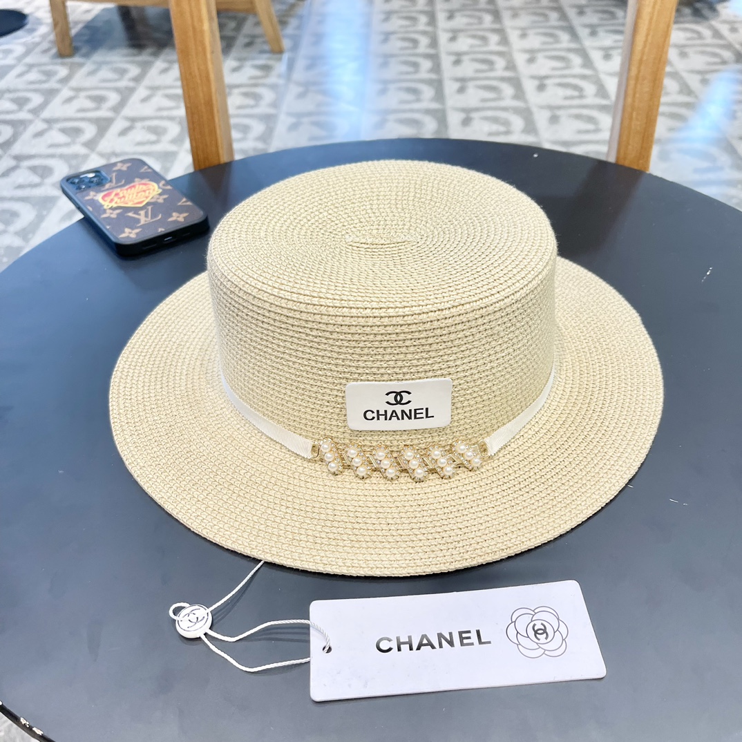 Sombrero de paja de ala plana estilo retro Chanel, circunferencia de cabeza 57. Gorros: sombrero de pescador, gorra de …
