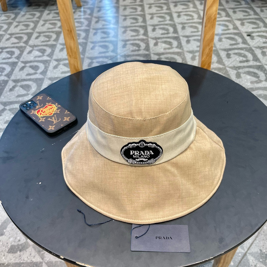 PRADA普拉达新款渔夫帽高级感防晒遮阳帽子女夏季百搭太阳帽