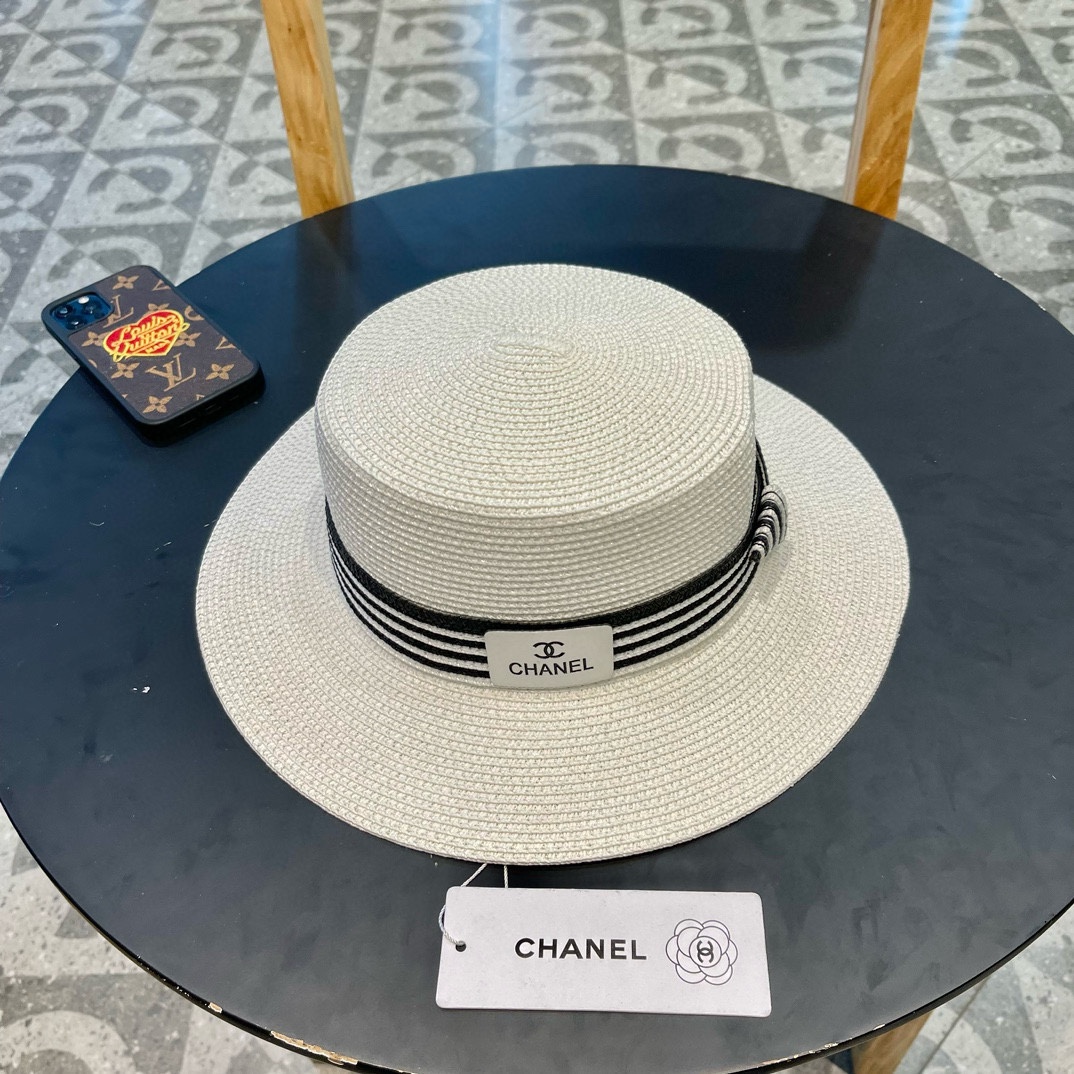 Chanel香奈儿草帽沙滩平顶檐帽拼色草帽头围57cm