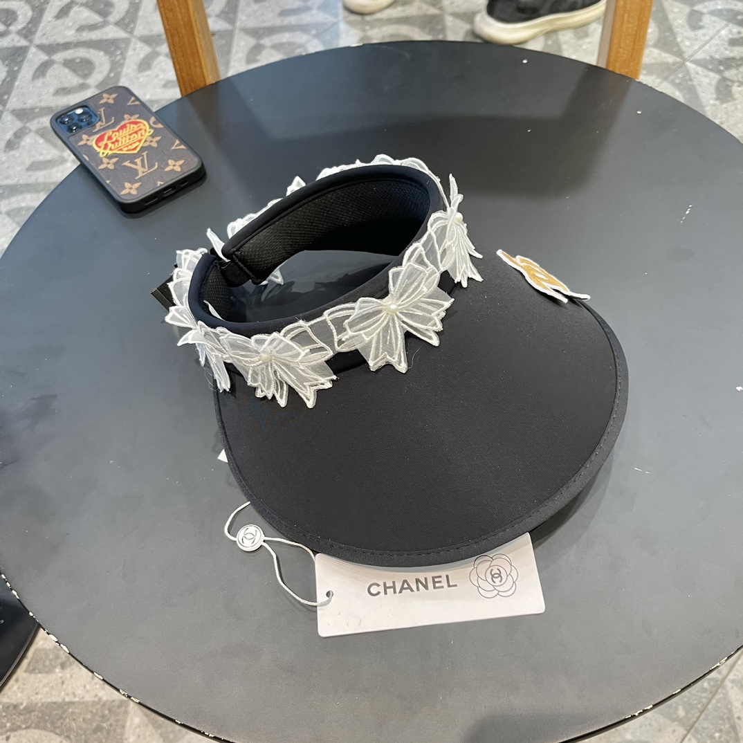 Chanel香奈儿蕾丝空顶防晒帽女夏季2024新款户外大帽檐太阳帽防紫外线遮阳帽子