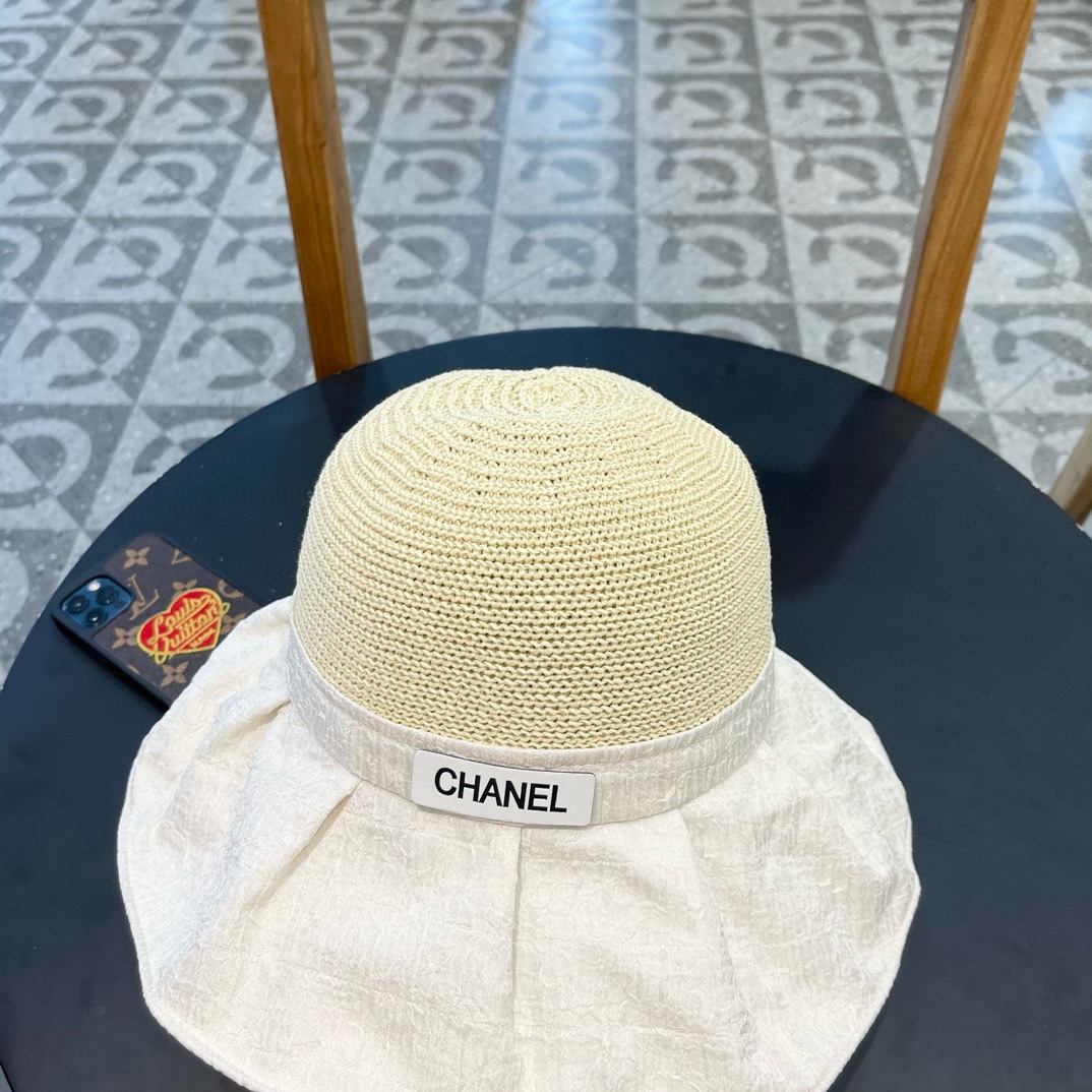 Chanel夏季新款针织头透气遮阳大沿蝴蝶结盆帽女士出行防晒渔夫帽子批