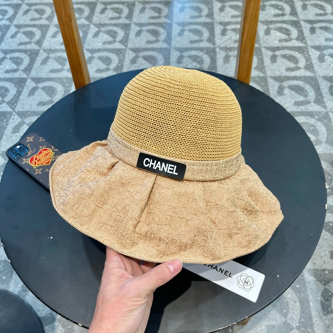 Chanel夏季新款针织头透气遮阳大沿蝴蝶结盆帽女士出行防晒渔夫帽子批