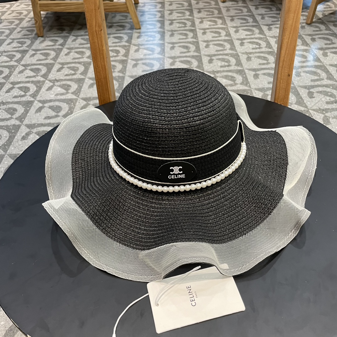 【CELINE】Nuevo sombrero de paja con borde ondulado estilo vacacional 2024, plegable para protegerse del sol y fácil de c…