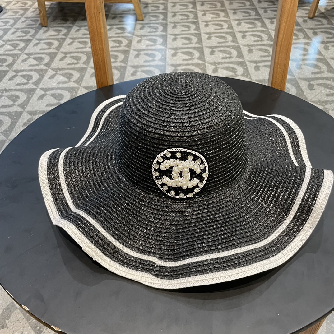 Chanel sombrero de ala ondulada estilo dama, sombrero de paja de copa plana, circunferencia de cabeza 57cm, sombrero de…