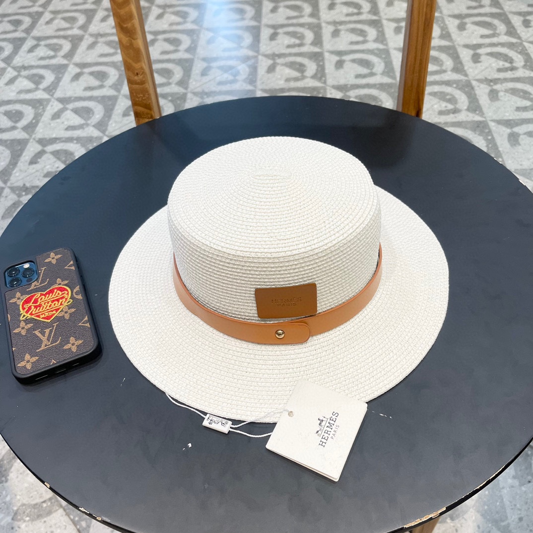 Sombrero de paja nuevo con cinta de Hermes, sombrero de copa plana, circunferencia de cabeza 57cm, sombreros: sombrero …