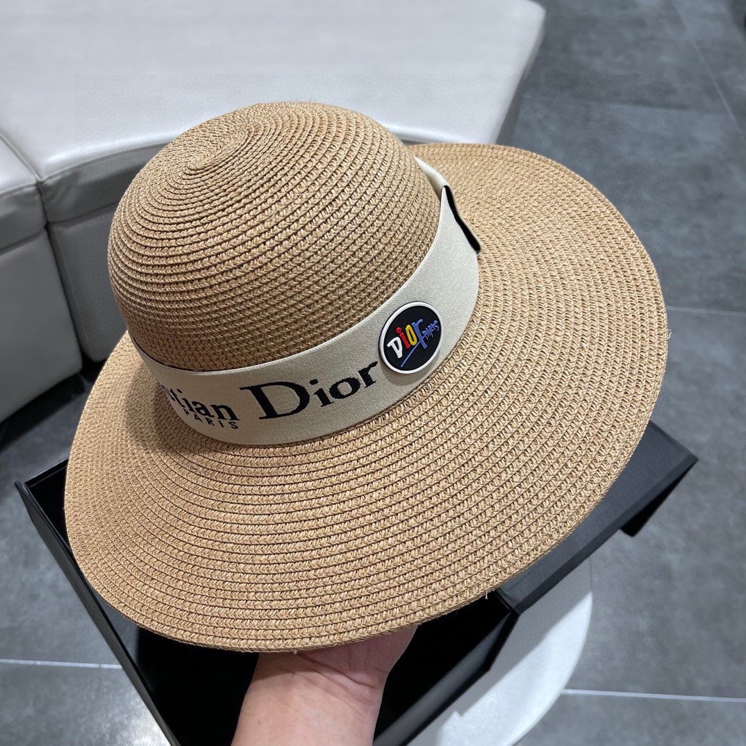 Dior迪奥草帽太阳帽沙滩遮阳帽帽名媛风搭配织带头围57cm
