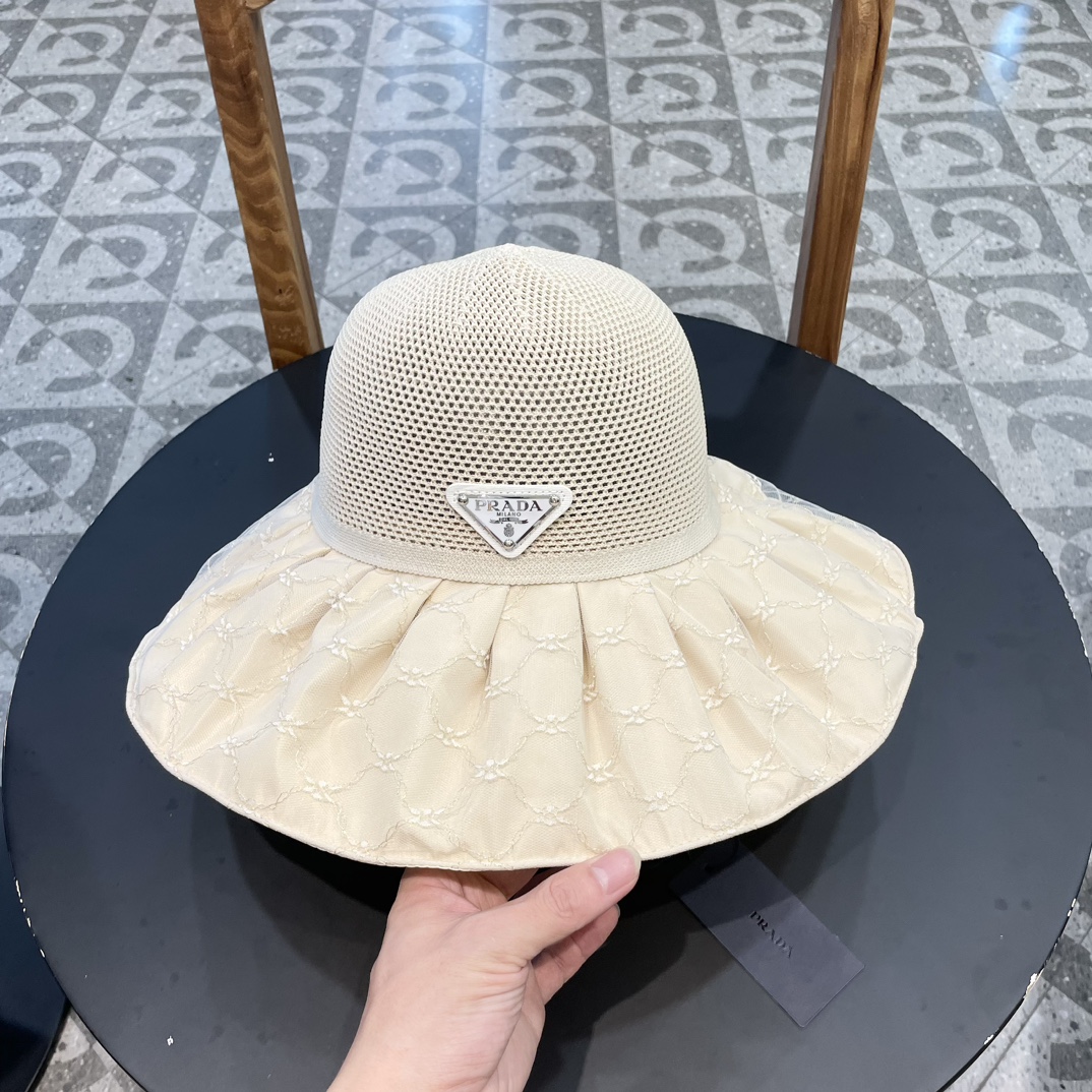 PRADA普拉达2024新款夏季渔夫帽女士大檐防紫外线沙滩帽子防晒遮阳出游太阳帽