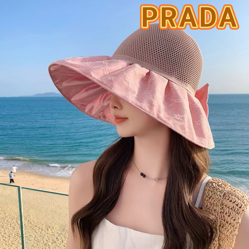 PRADA普拉达2024新款夏季渔夫帽女士大檐防紫外线沙滩帽子防晒遮阳出游太阳帽