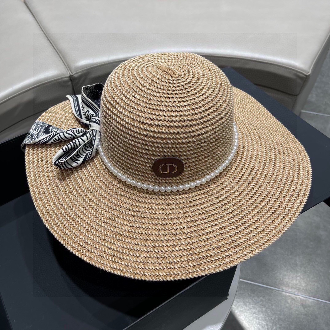 迪奥大檐草帽Dior迪奥草帽太阳帽沙滩遮阳帽帽名媛风搭配飘带头围57cm