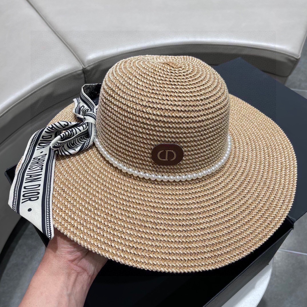 迪奥大檐草帽Dior迪奥草帽太阳帽沙滩遮阳帽帽名媛风搭配飘带头围57cm