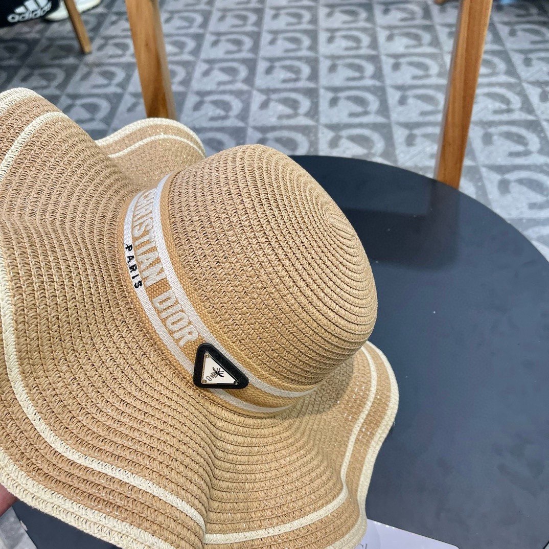 Dior迪奥波浪边草帽名媛风遮阳帽细草制作可折叠头围57cm