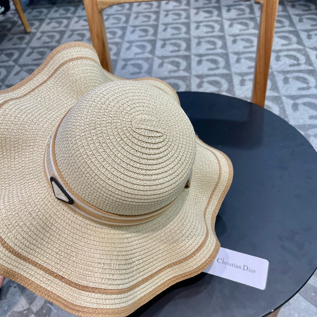 Dior迪奥波浪边草帽名媛风遮阳帽细草制作可折叠头围57cm