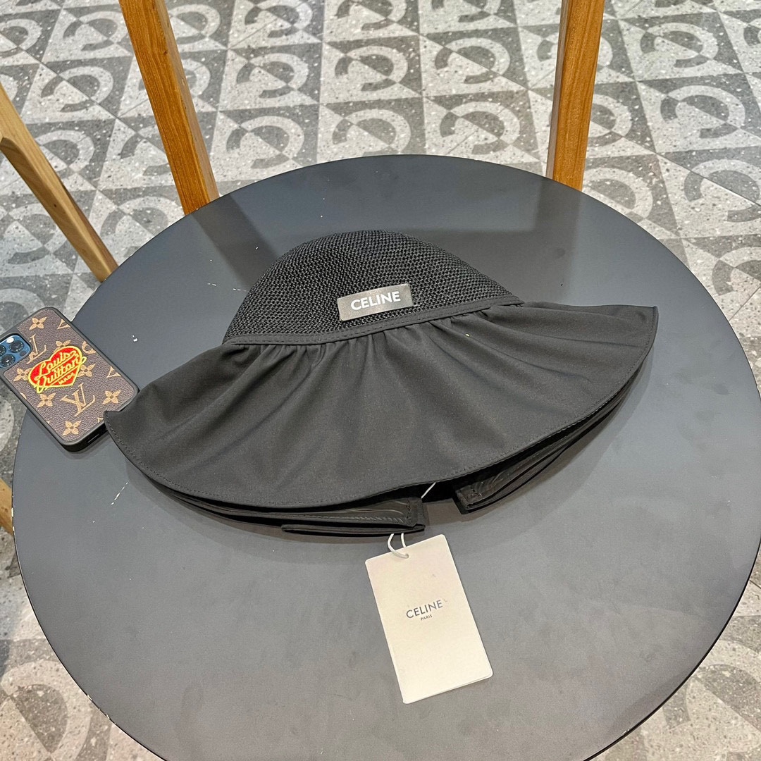 Sombrero de pescador de verano de Celine, protección solar con vinilo negro, estilo coreano para mujer, con lazo, sombr…