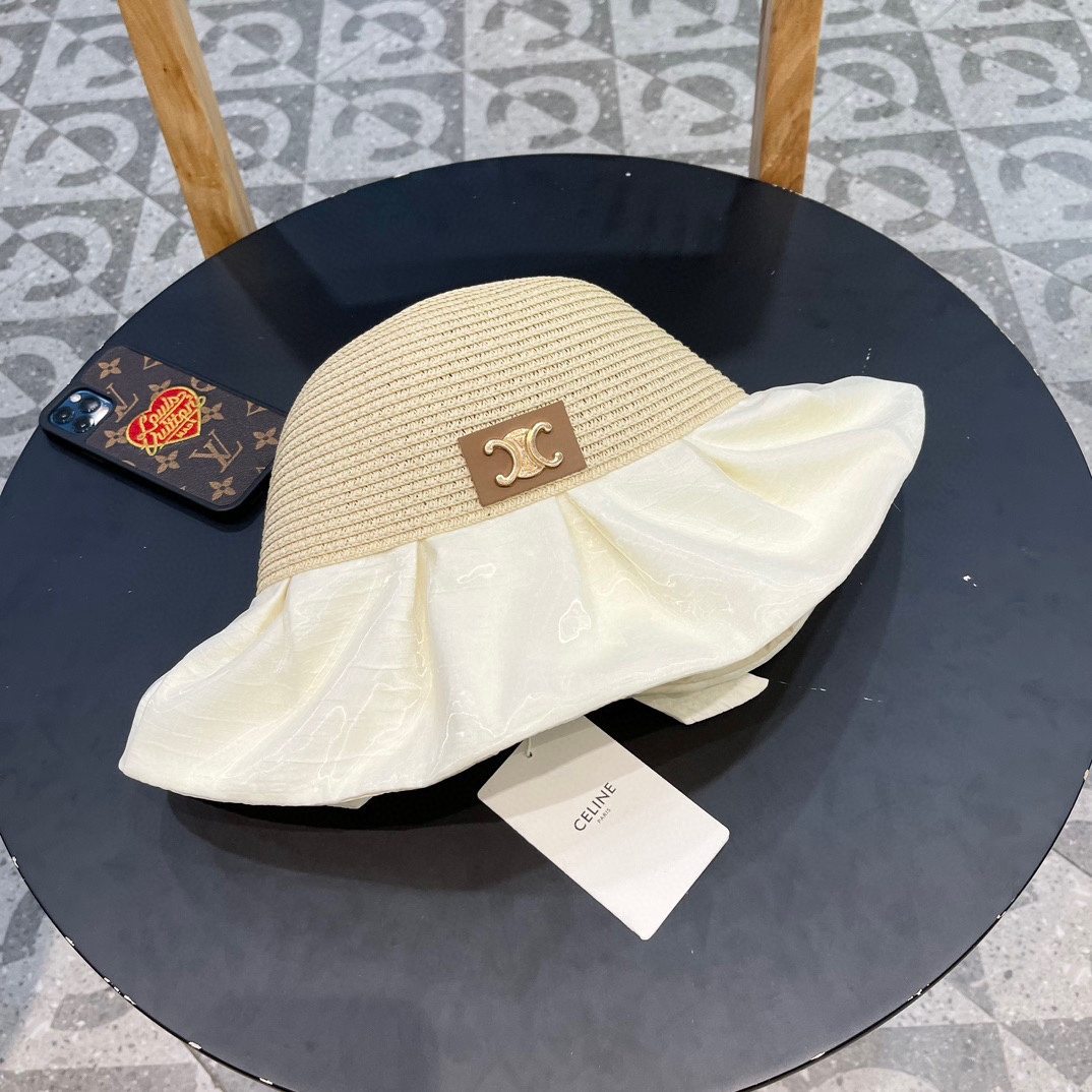 Sombrero de pescador de ala ancha de verano nuevo de Celine con lazo para mujer, sombrero de paja, protección UV, ala a…
