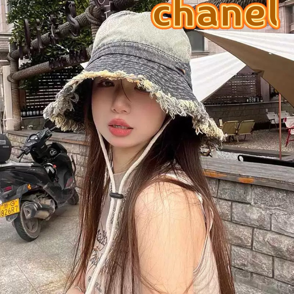 Chanel香奈儿渐变毛边牛仔渔夫帽女日系夏季户外防紫外线遮阳帽大帽檐防晒盆帽