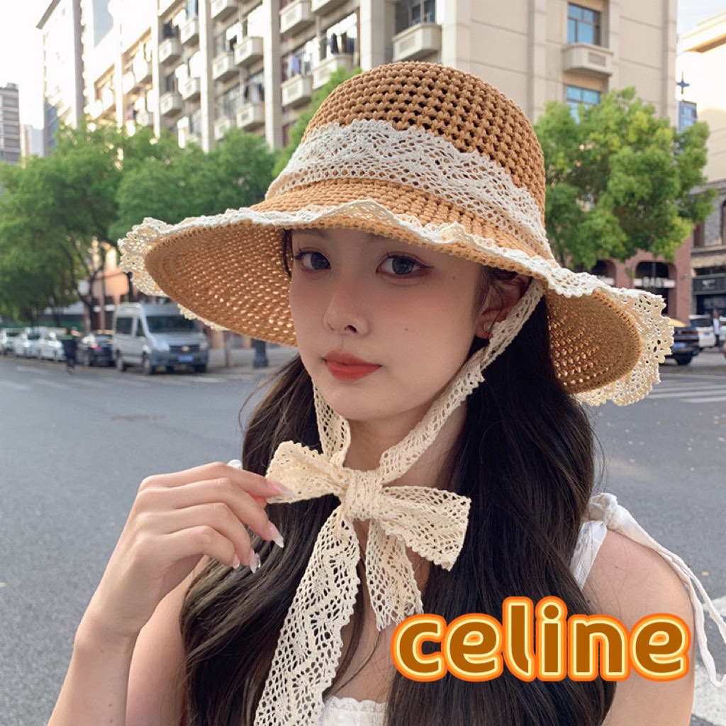 赛琳Celine草编透气蕾丝系带渔夫帽女夏季百搭户外海边沙滩帽大檐甜美遮阳帽