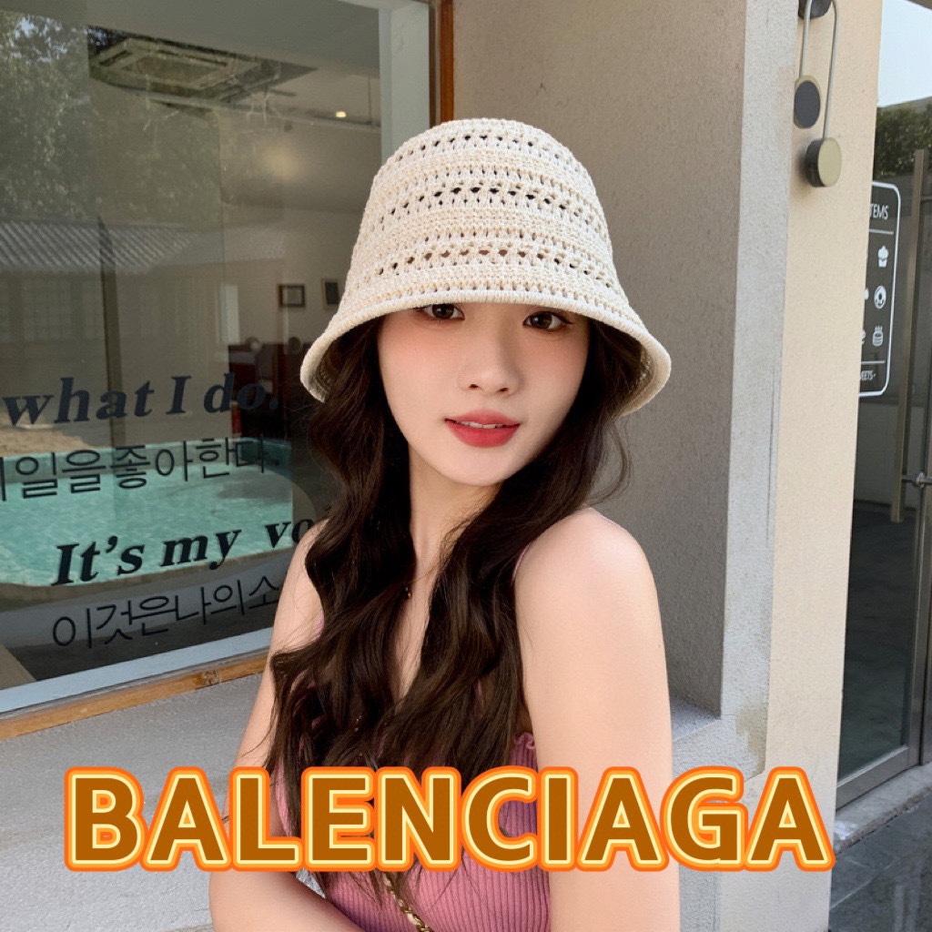 巴黎世家BALENCIAGA新款春夏季遮阳防晒帽子女针织镂空透气户外休闲纯色水桶帽潮