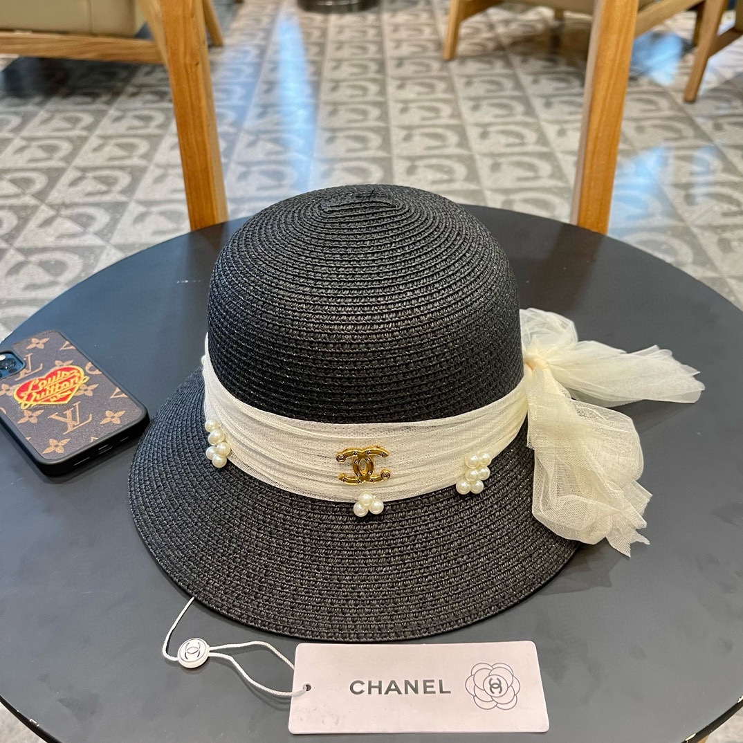 Sombrero de paja Chanel香奈儿, estilo de dama elegante, sombrero redondo pequeño, alta personalización, circunferencia de …