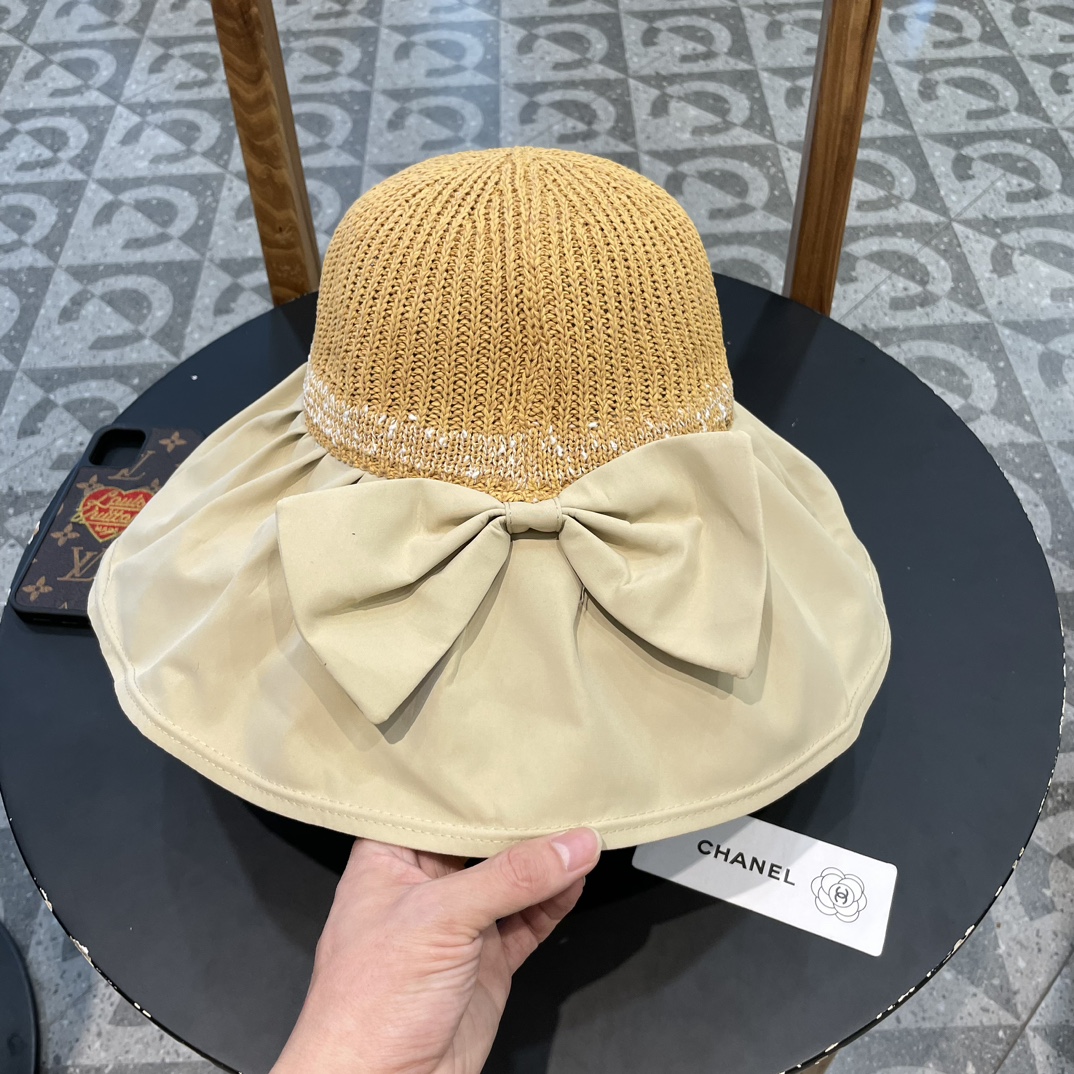 Chanel香奈儿新款 大檐防晒帽子女春夏防紫外线拼接时尚简约蝴蝶结太阳帽帽子渔夫帽棒球帽针织帽