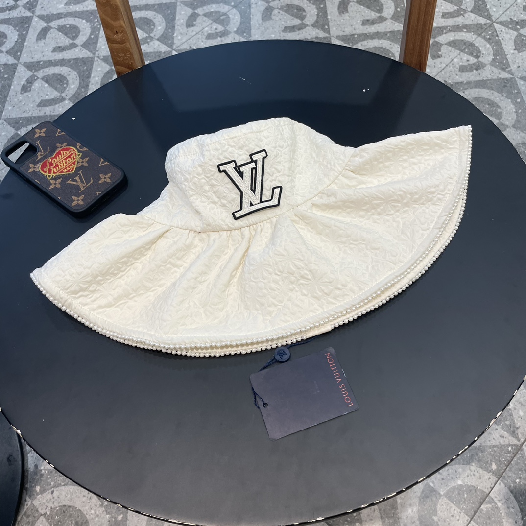 Sombrero de pescador de encaje de perlas de moda LV Louis Vuitton, estilo Chanel, sombrero de ala ancha para mujer de v…