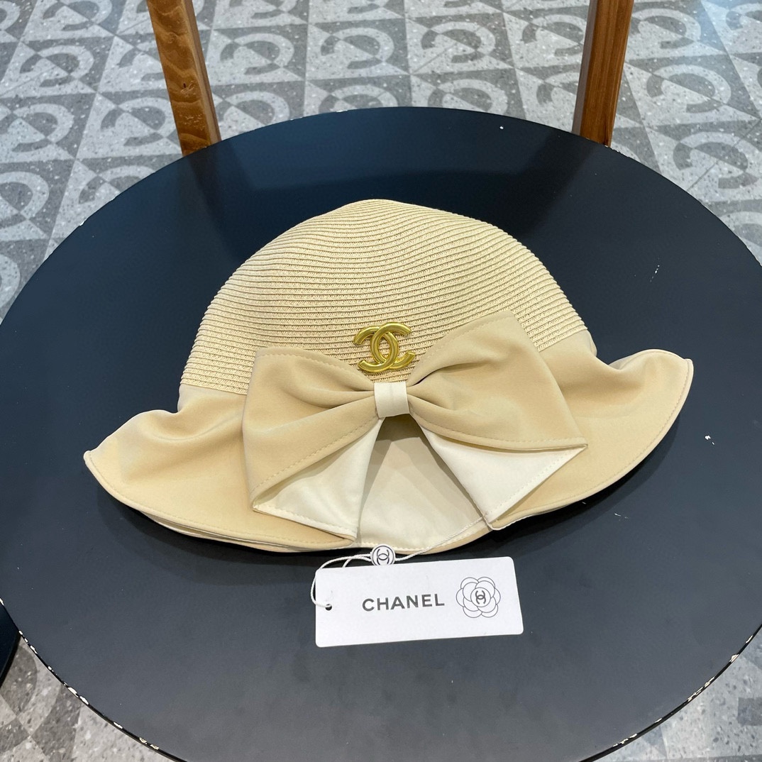 Chanel elegante sombrero de pescador con lazo de mariposa y abertura, sombrero de paja para mujer, protección solar, pa…