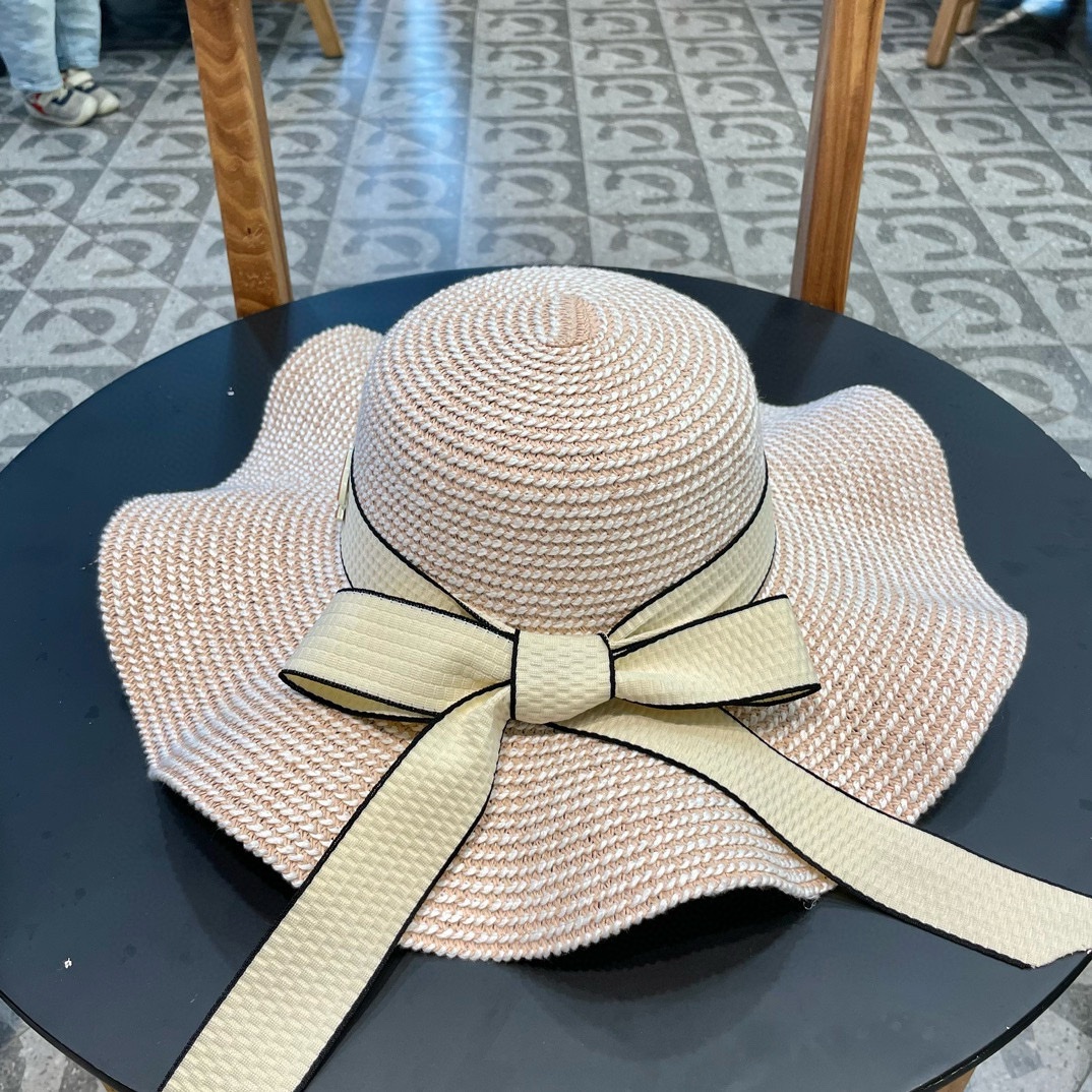 Chanel 2024 nuevo sombrero de ala ancha estilo paja con volantes y perlas, sombrero de copa, imprescindible para salir,…